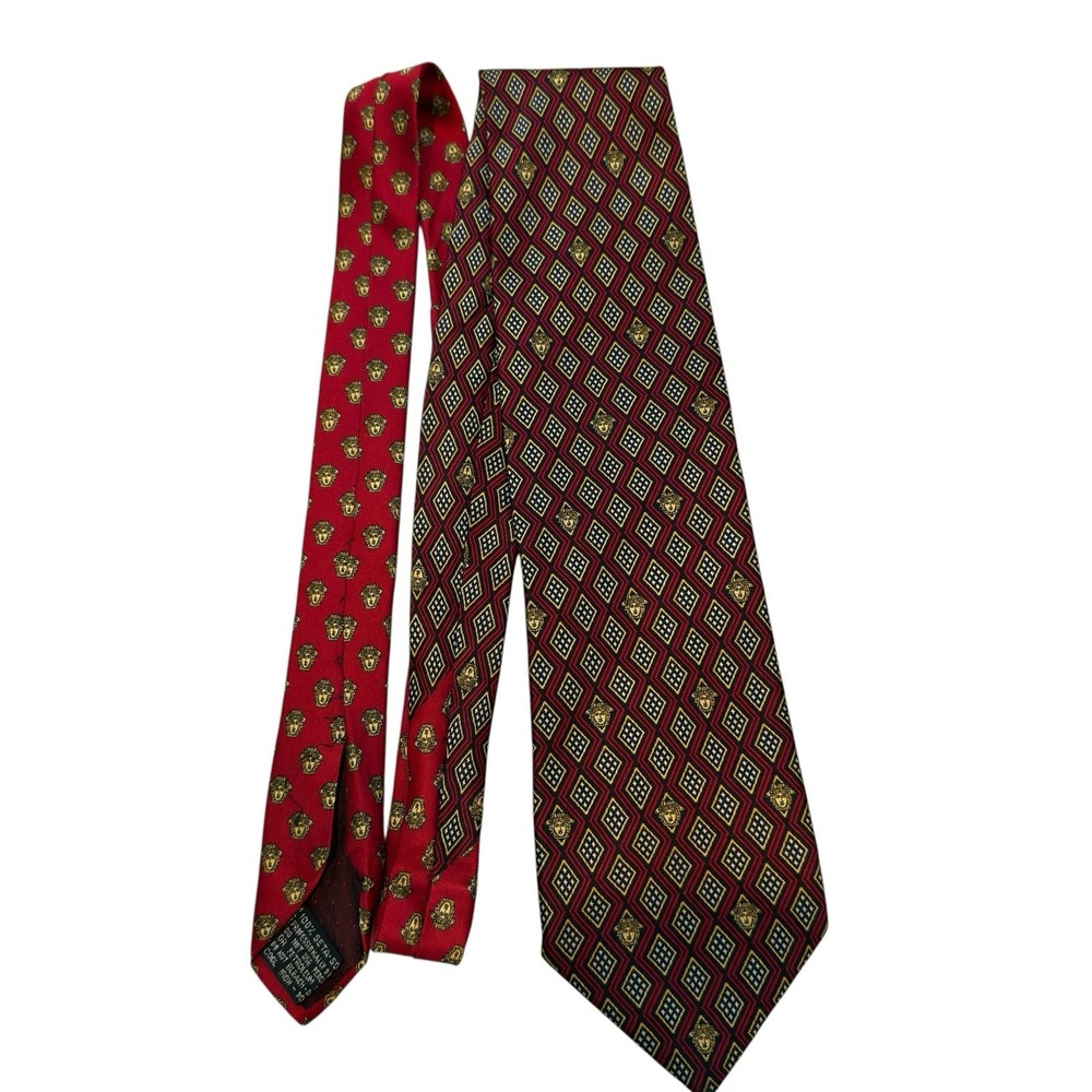 Vintage Gianni Versace Medusa Red Black Yellow Logo Printed Silk Tie 90's